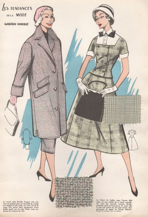 Item #4207 French 1950s women’s fashion design with swatches. Les Tendances de la Mode